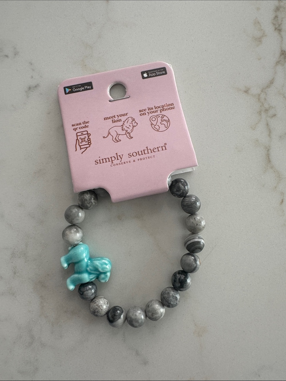 Simply Southern Gray Bracelet with Teal Elephant Charm with QR code to track